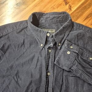 VTG Eddie Bauer Mens Navy Blue Long-Sleeve Button-Down Corduroy Shirt, Large